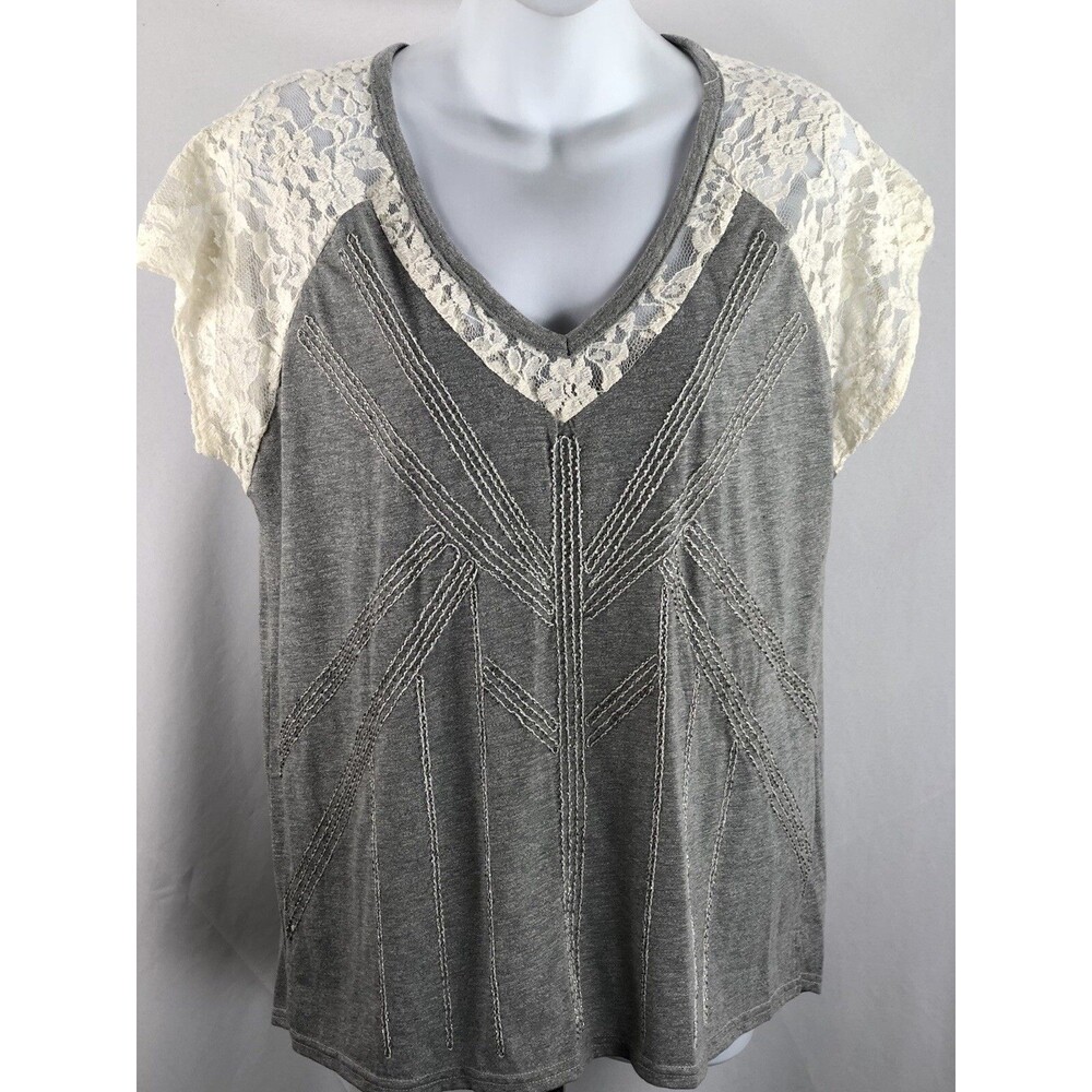 Vintage Miss Me Lace Tee Top M Gray Beaded V-Neck Asymmetrical Fairy Y2K 2000s